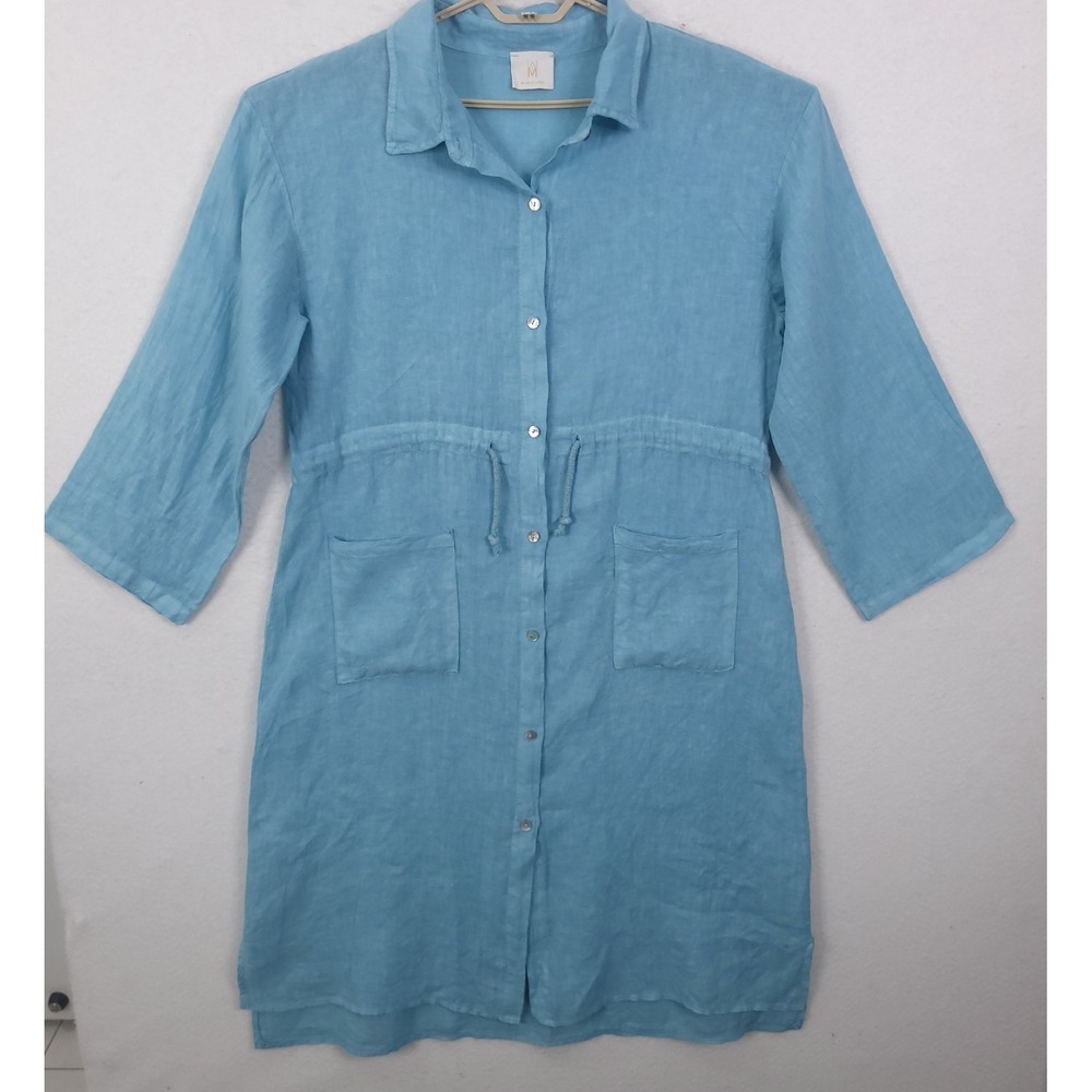 Milio Milano Blue 100% Italian Linen Shirt Shift Dress Sz M Lagenlook Oversized
